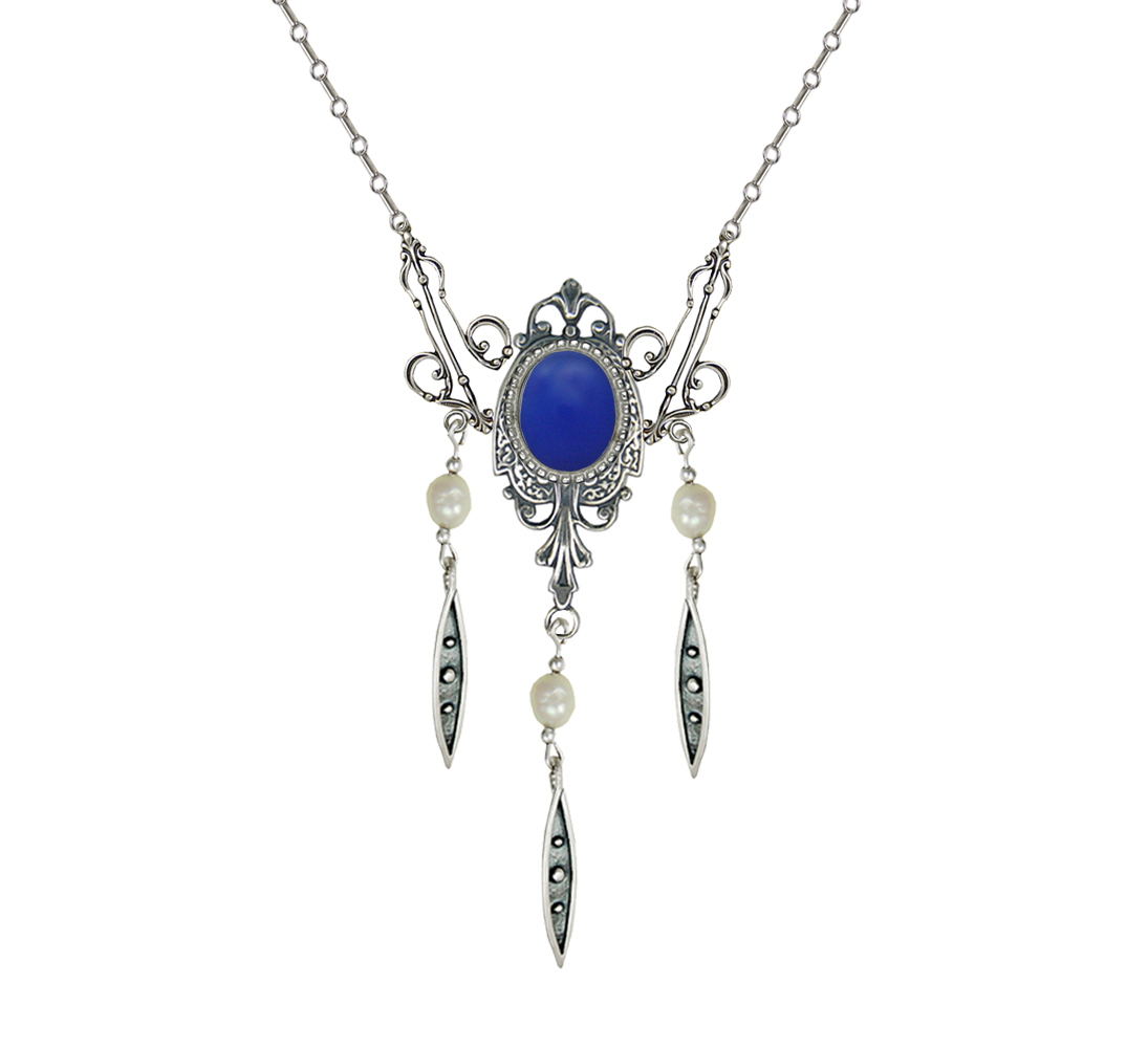 Sterling Silver Victorian Necklace With Blue Onyx